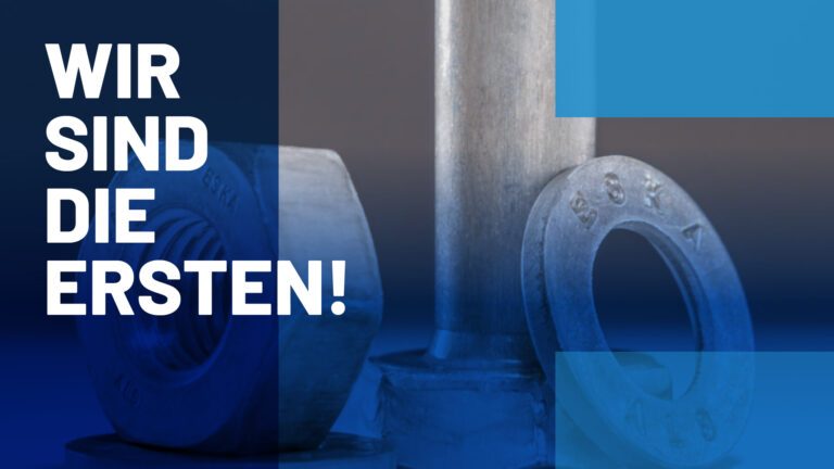 Schraubengarnituren aus Aluminium. Aufschrift: "Wir sind die Ersten".