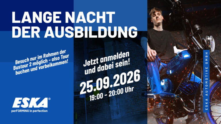 Grafik für die lange Nacht der Ausbildung bei ESKA. Azubi sitzt auf ESKA Simson